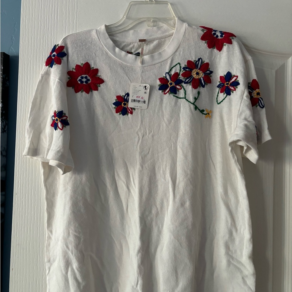 Free People White Tee with Red and Blue Floral Embroidery